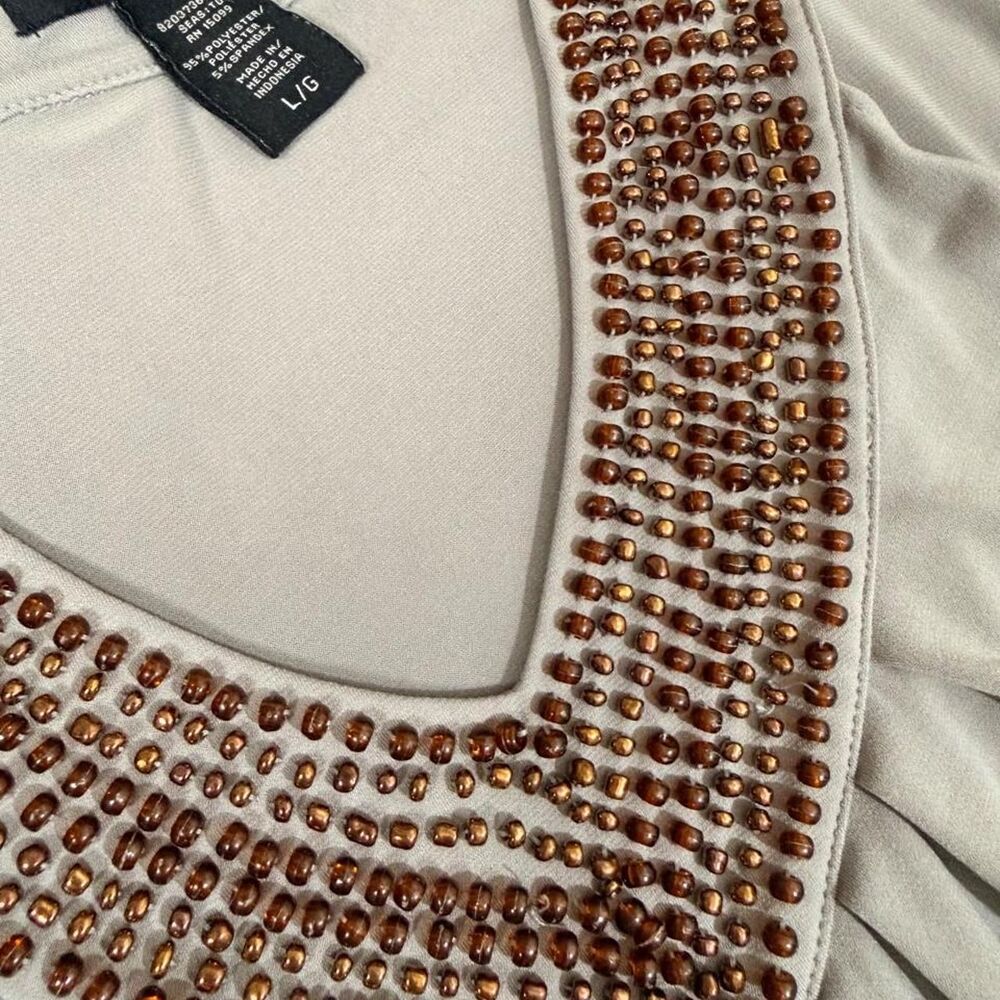 Apostrophe Gray Beaded V-Neck Pleated Tank Size L Y2K Embellished - Picture 3 of 6